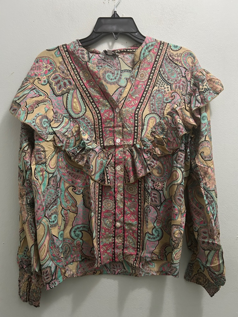 Paisley Ruffle V-Neck Blouse in Multicolor